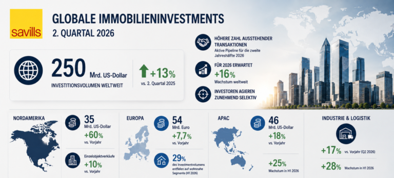 Savills: Globaler Immobilientransaktions-umsatz steigt um 13 %