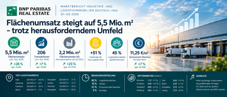 BNP Paribas Real Estate veröffentlicht Marktzahlen für Q3 2026: Logistik-Flächenumsatz steigt weiter an – hohes Volumen im dritten Quartal